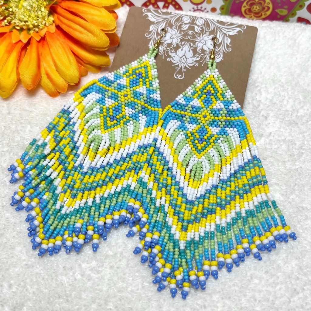 Hand Beaded Long Fringe Earrings Huge Southwest Tribal Ethnic Native Indian Nwt 275$